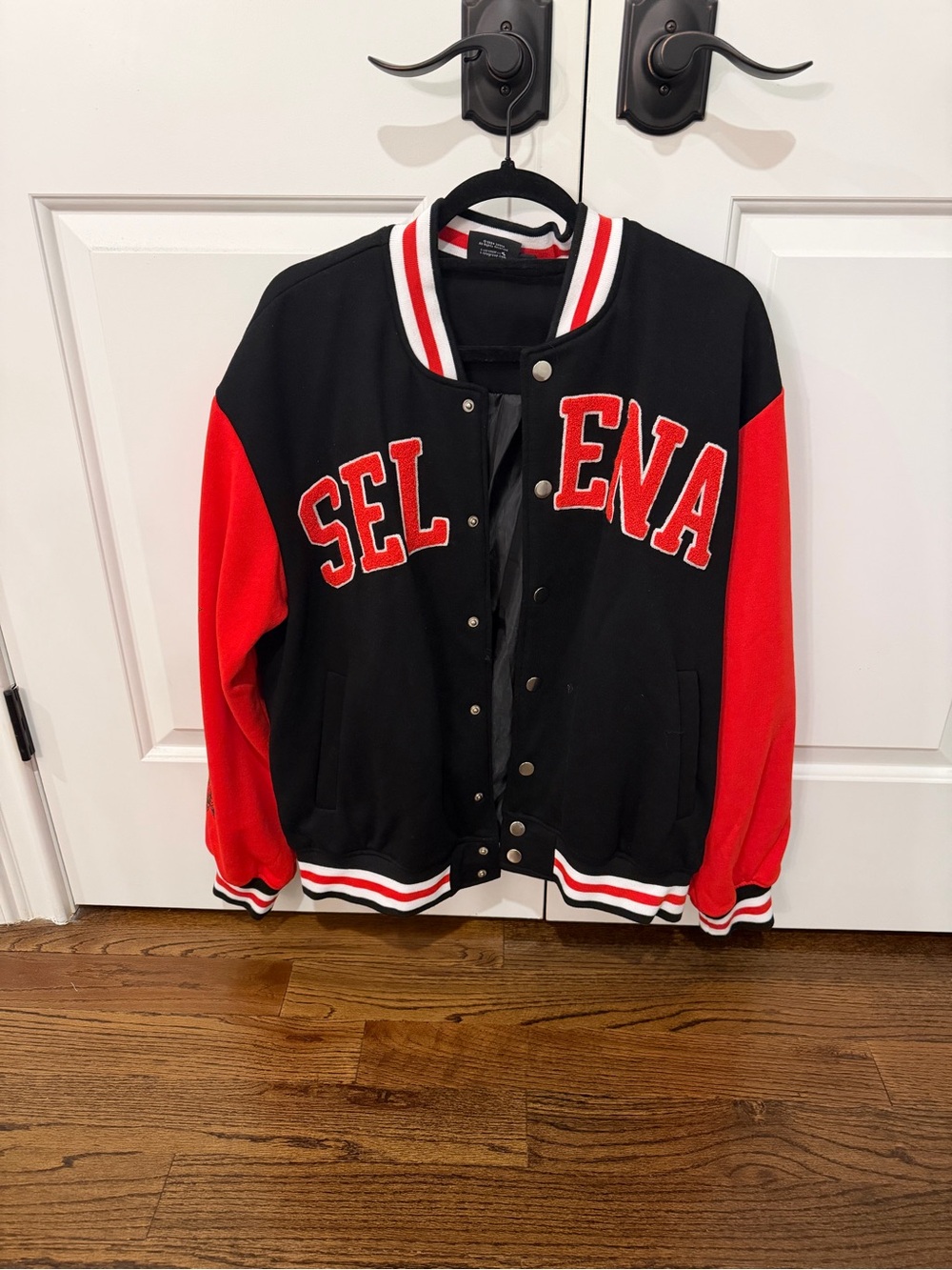 Selena Como La Flor Two-Tone Black & Red Varsity Jacket Size L